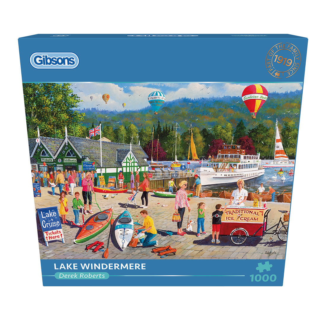 Gibsons puzzle box featuring a lake scene with people and boats