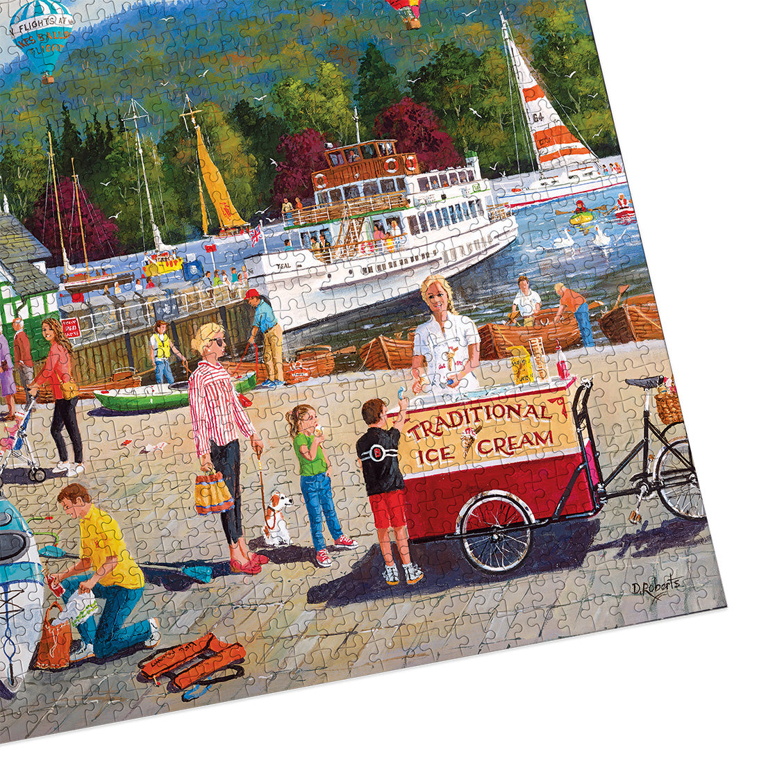 Jigsaw puzzle with a colorful scene of a street fair featuring an ice cream cart and people.