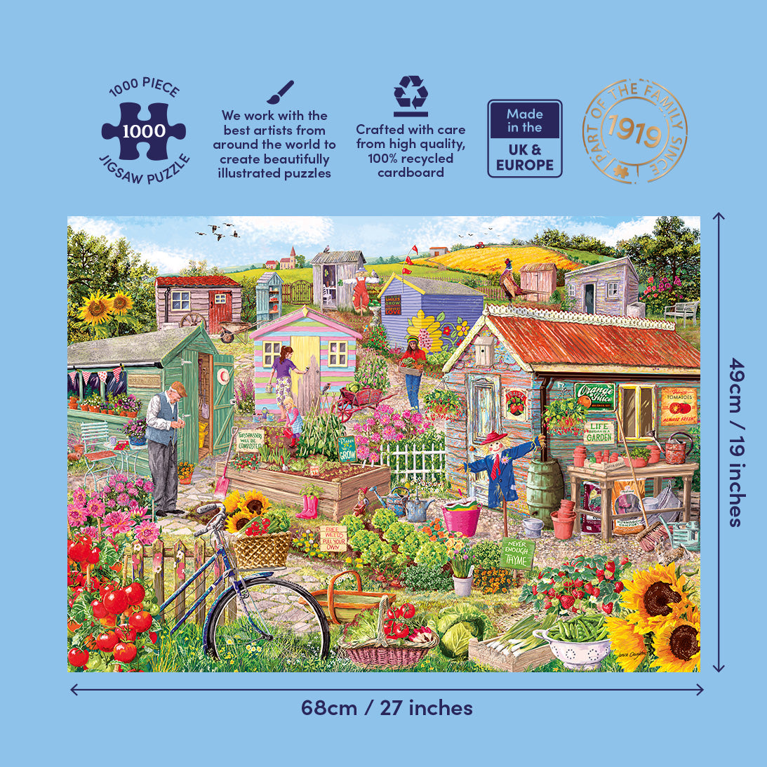 Gardening scene with colorful houses and people, featuring a 1000-piece puzzle packaging.