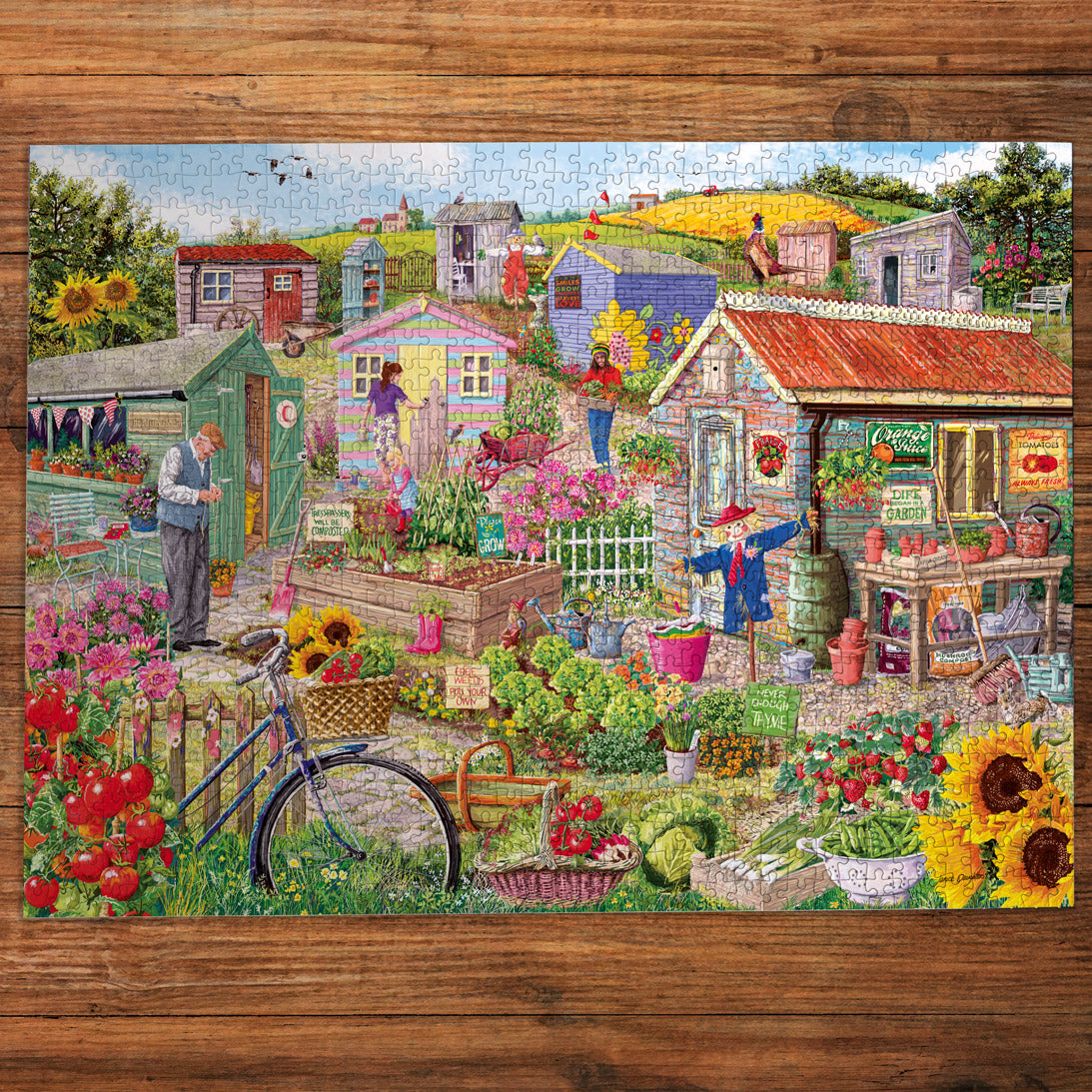 Colorful garden scene with people and various plants on a wooden surface