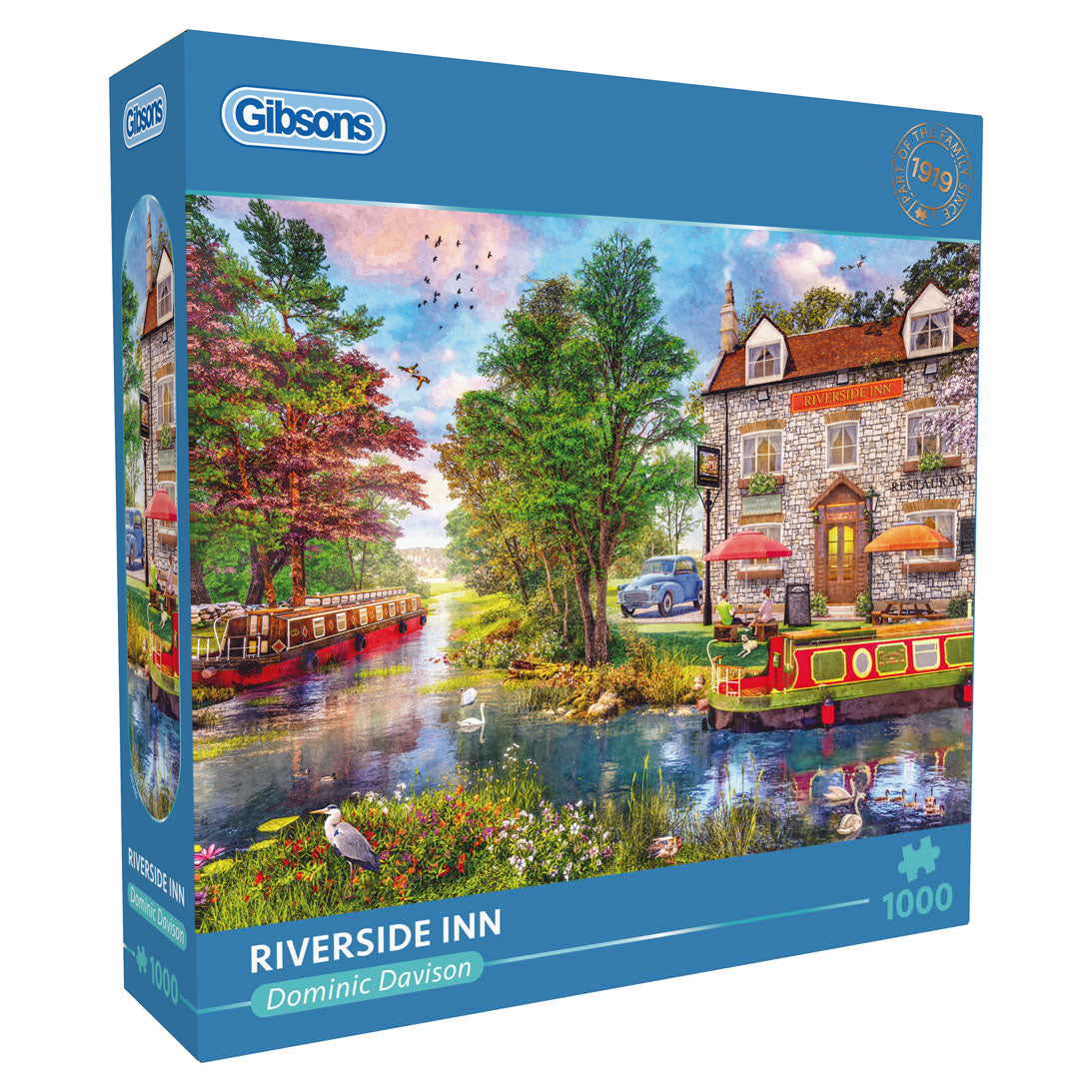 Gibson 1000-piece jigsaw puzzle box titled 'Riverside Inn' by Dominic Davison, featuring a colourful illustration of a canal scene with a stone inn, boats, trees, and ducks.