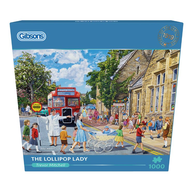 Gibsons The Lollipop Lady 1000 Piece Jigsaw Puzzle in blue retail box front view