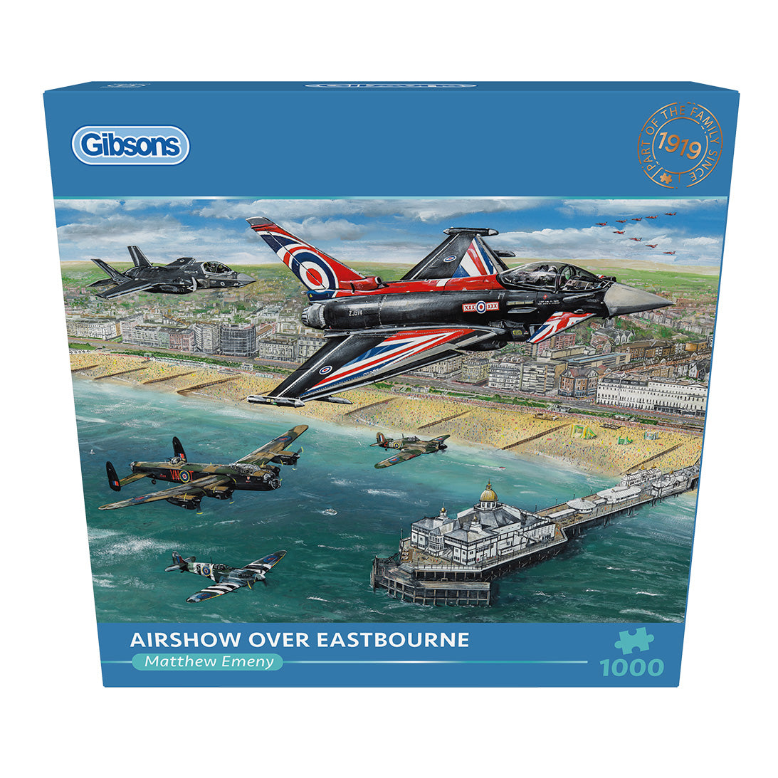 Gibsons Airshow Over Eastbourne 1000 Piece jigsaw puzzle in blue retail box in front view