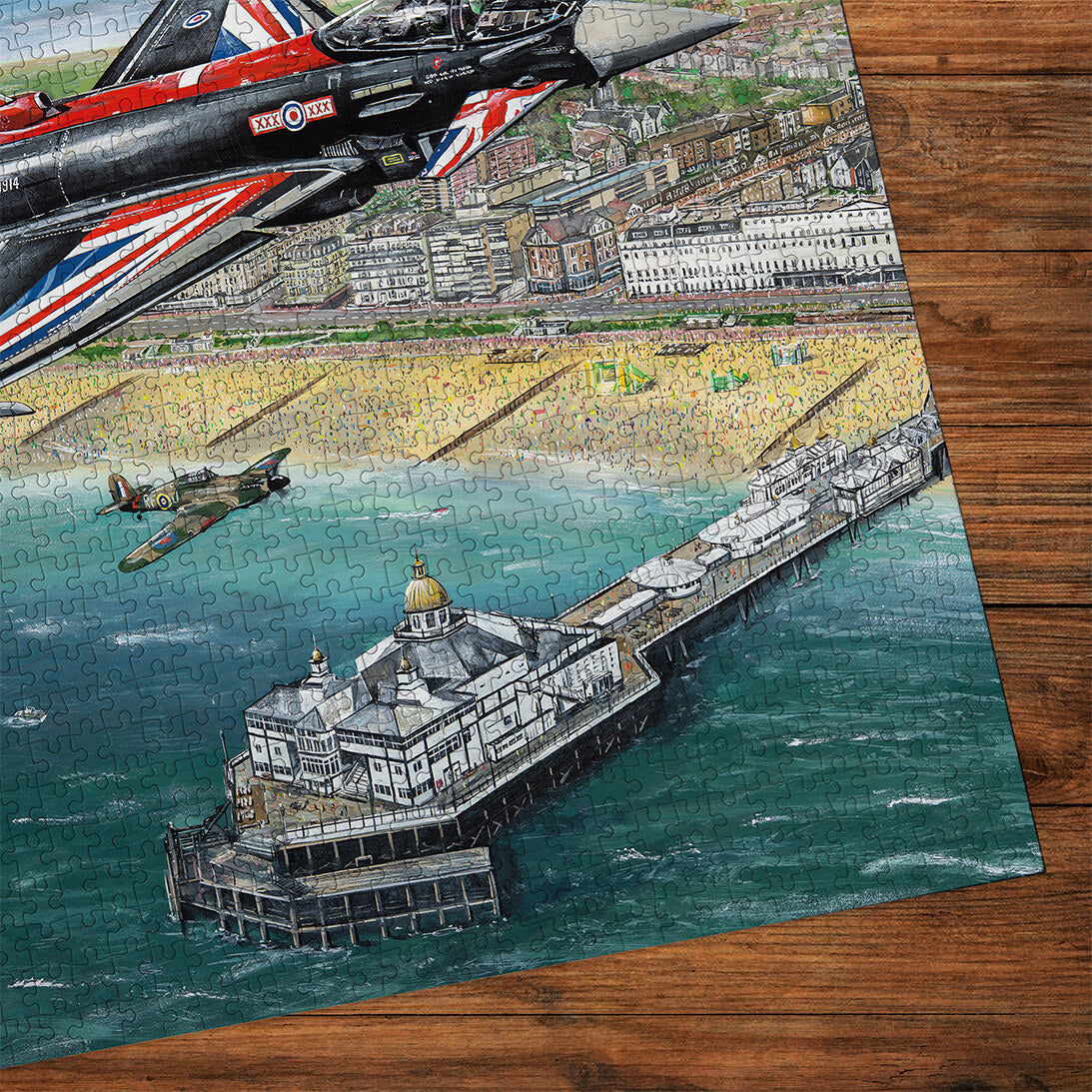 Gibsons Airshow Over Eastbourne 1000 Piece jigsaw puzzle made up detail on wooden table