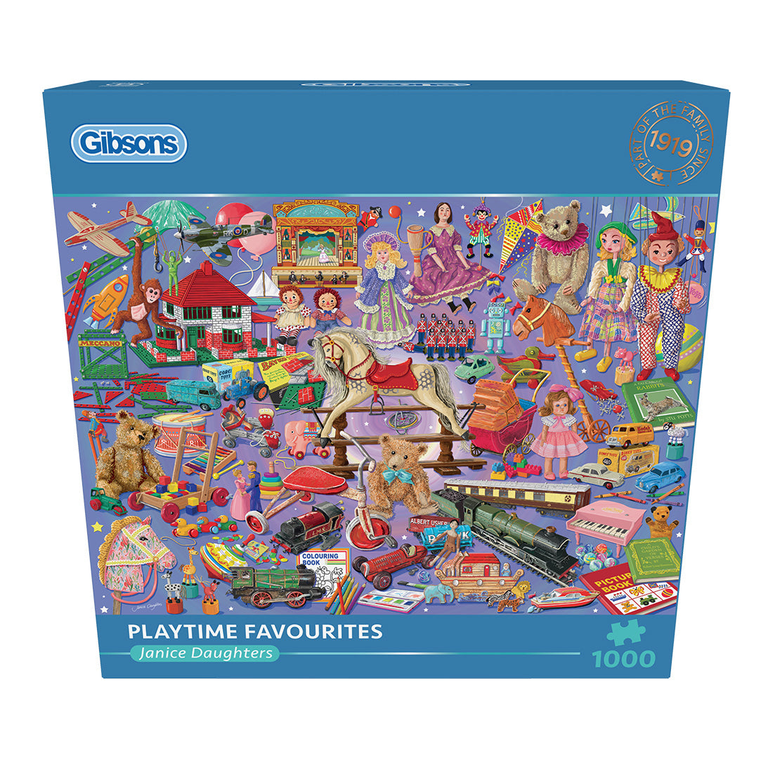 Front view of the blue retail box Playtime Favourites 1000 Piece Jigsaw Puzzle Gibsons Janice Daughters