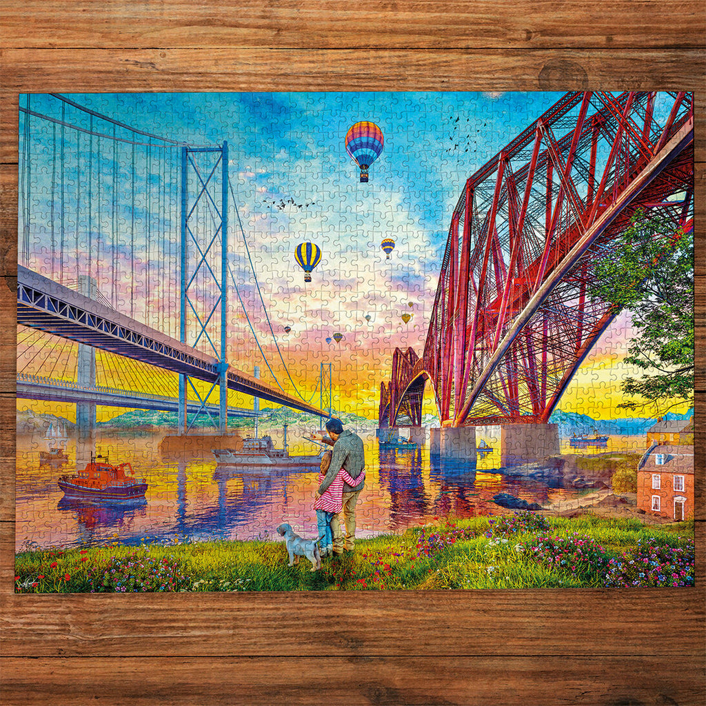 Gibsons Three Bridges Crossing 1000 Piece Jigsaw Puzzle made up on wooden table