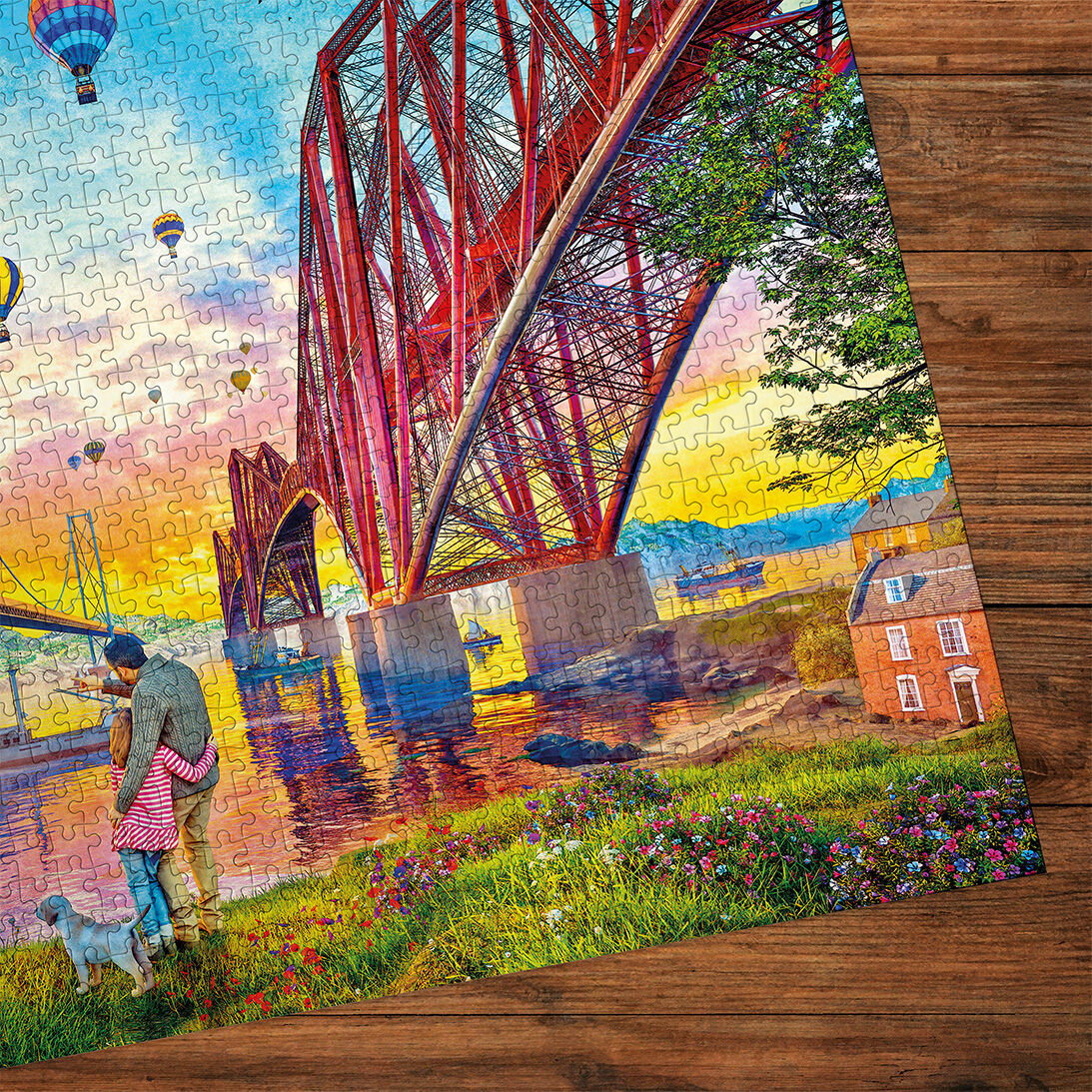 Gibsons Three Bridges Crossing 1000 Piece Jigsaw Puzzle made up detail on wooden table