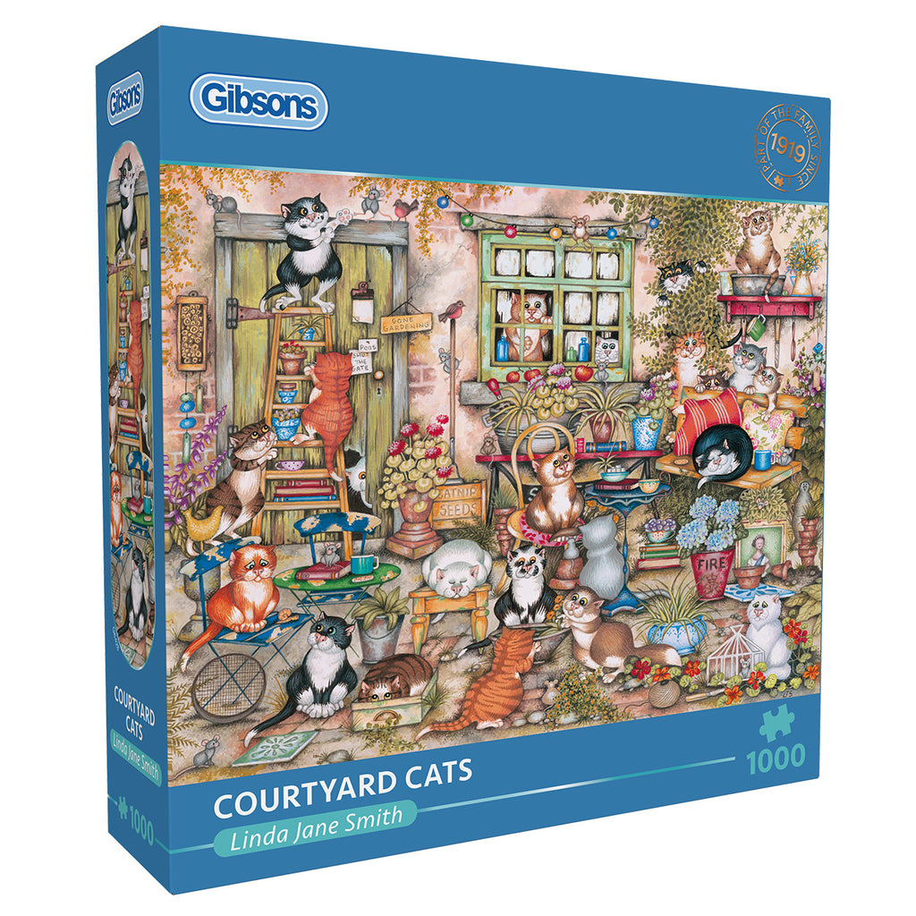 Gibsons Courtyard Cats 1000 Piece Jigsaw Puzzle in blue retail box side view