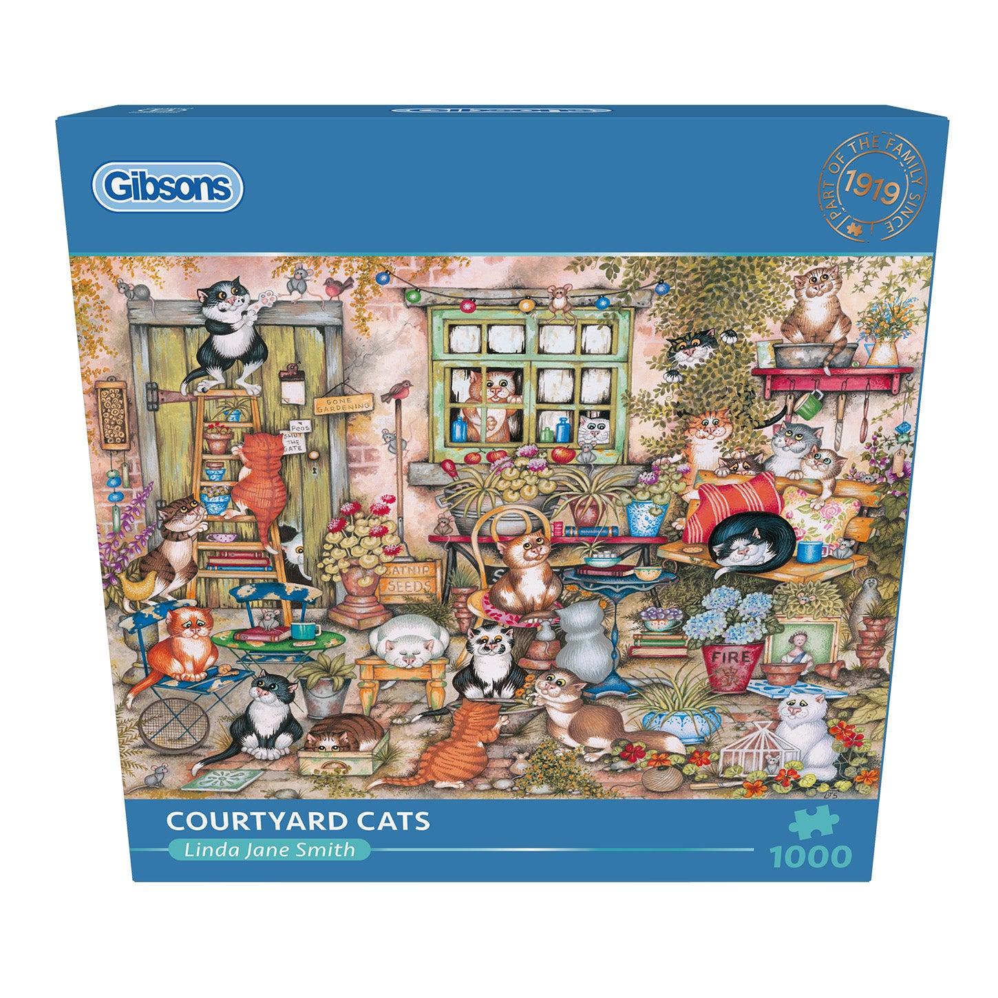Gibsons Courtyard Cats 1000 Piece Jigsaw Puzzle in blue retail box front view