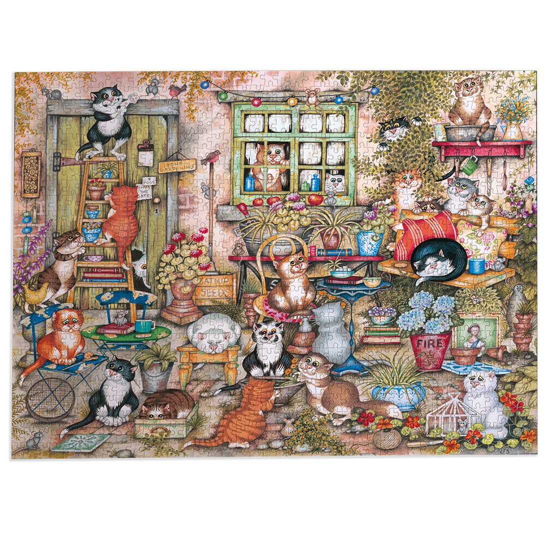 Gibsons Courtyard Cats 1000 Piece Jigsaw Puzzle made up on white background