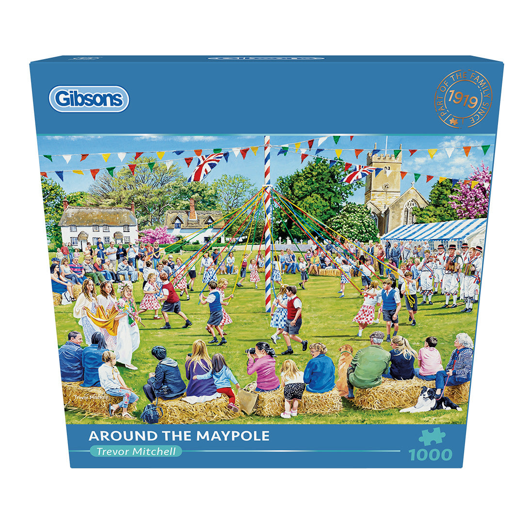 Gibsons Around the Maypole 1000 Piece Jigsaw puzzle in blue retail box front view
