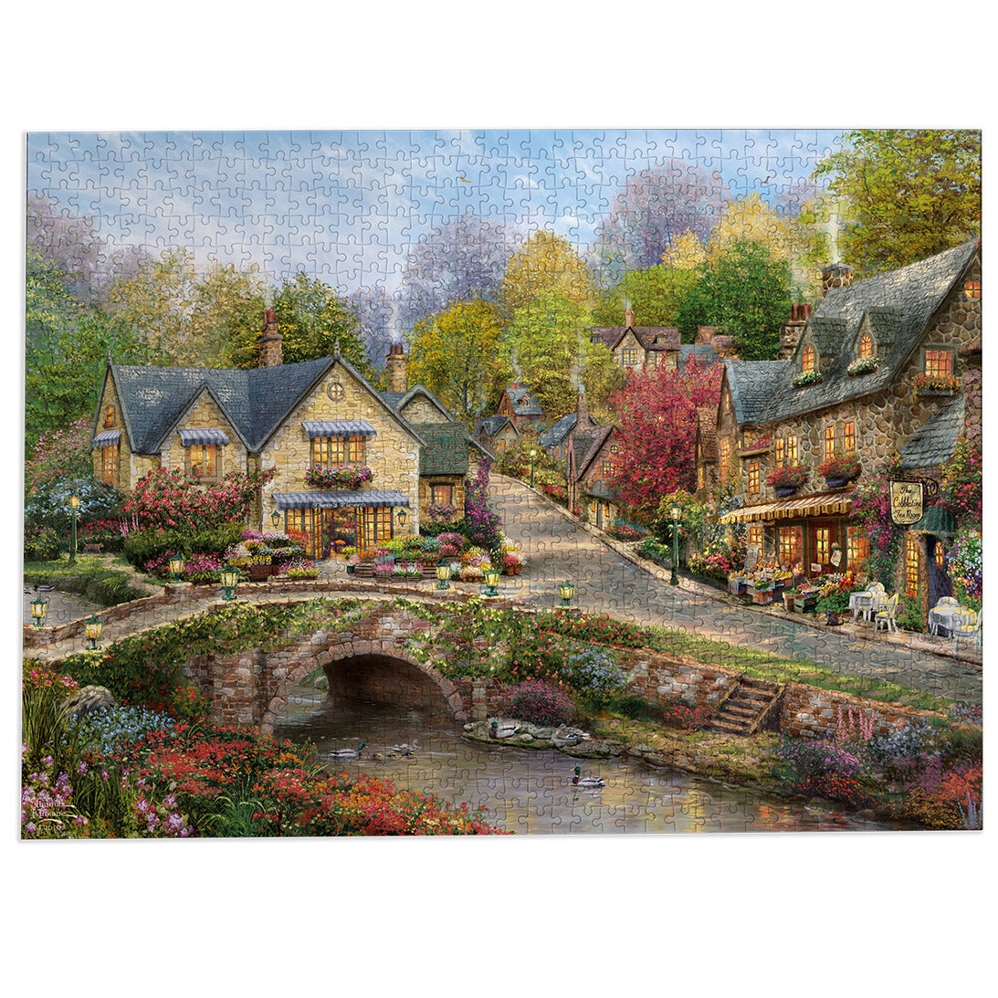 Summer in Cobblestone Village 1000 Piece Jigsaw Puzzle by Gibsons made up on white background