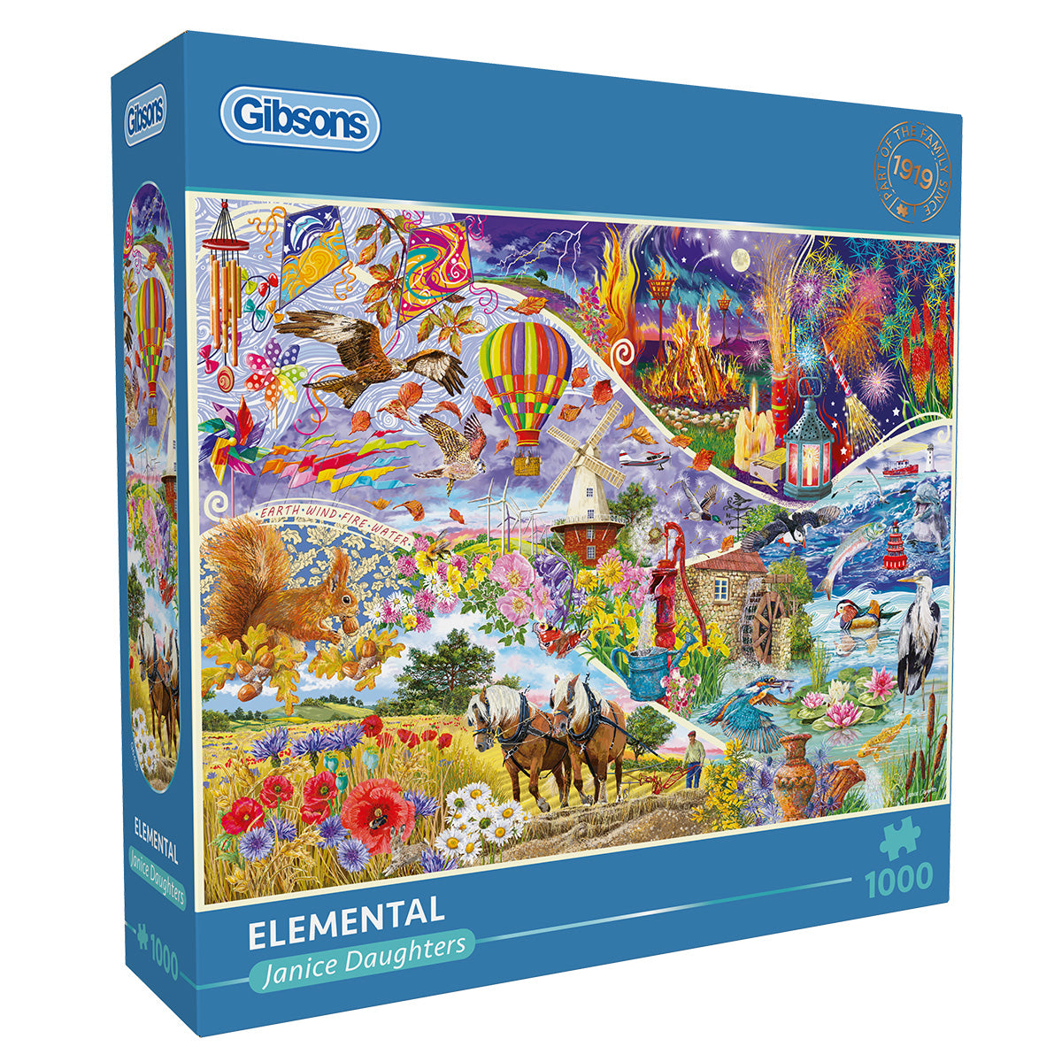 Gibsons Elemental 1000 Piece Jigsaw Puzzle in blue retail box side view