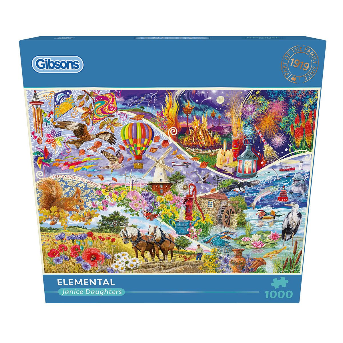 Gibsons Elemental 1000 Piece Jigsaw Puzzle in blue retail box front view