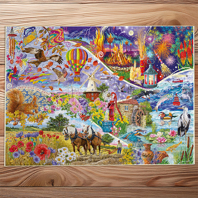 Gibsons Elemental 1000 Piece Jigsaw Puzzle made up on wooden table