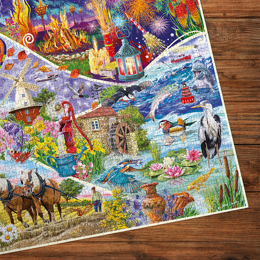 Gibsons Elemental 1000 Piece Jigsaw Puzzle made up detail on wooden table