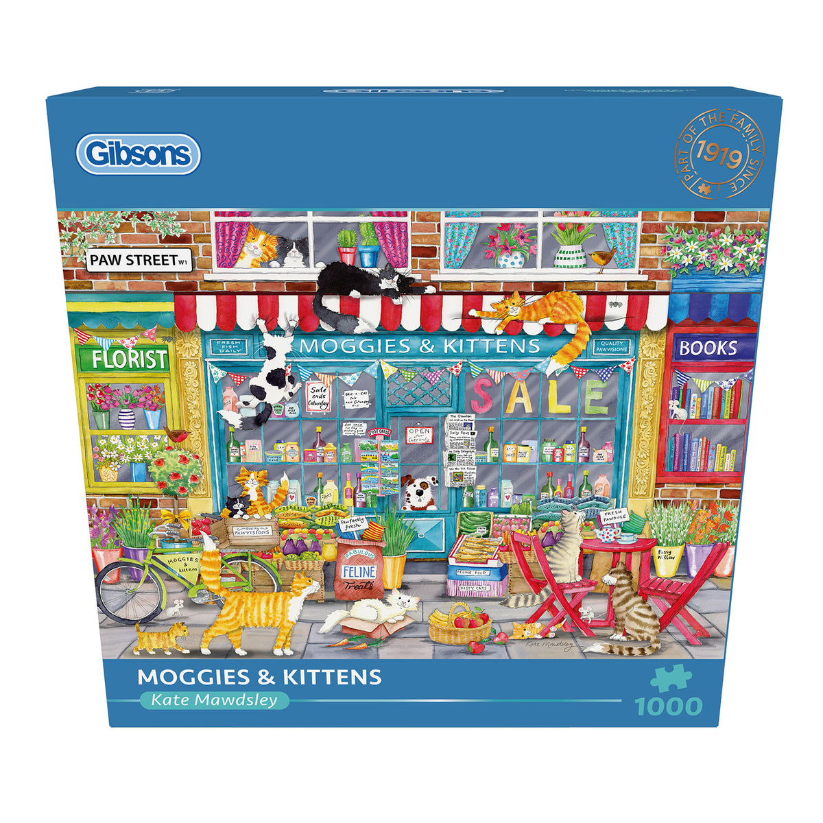 Gibsons Moggies & Kittens 1000 Piece Jigsaw Puzzle in blue retail box front view