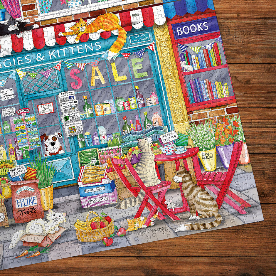 Gibsons Moggies & Kittens 1000 Piece Jigsaw Puzzle made up detail on wooden table
