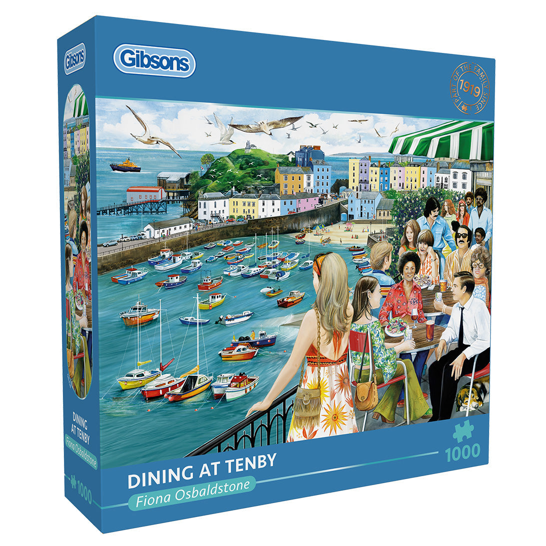 Dining at Tenby 1000 Piece Jigsaw Puzzle by Gibsons in blue retail box