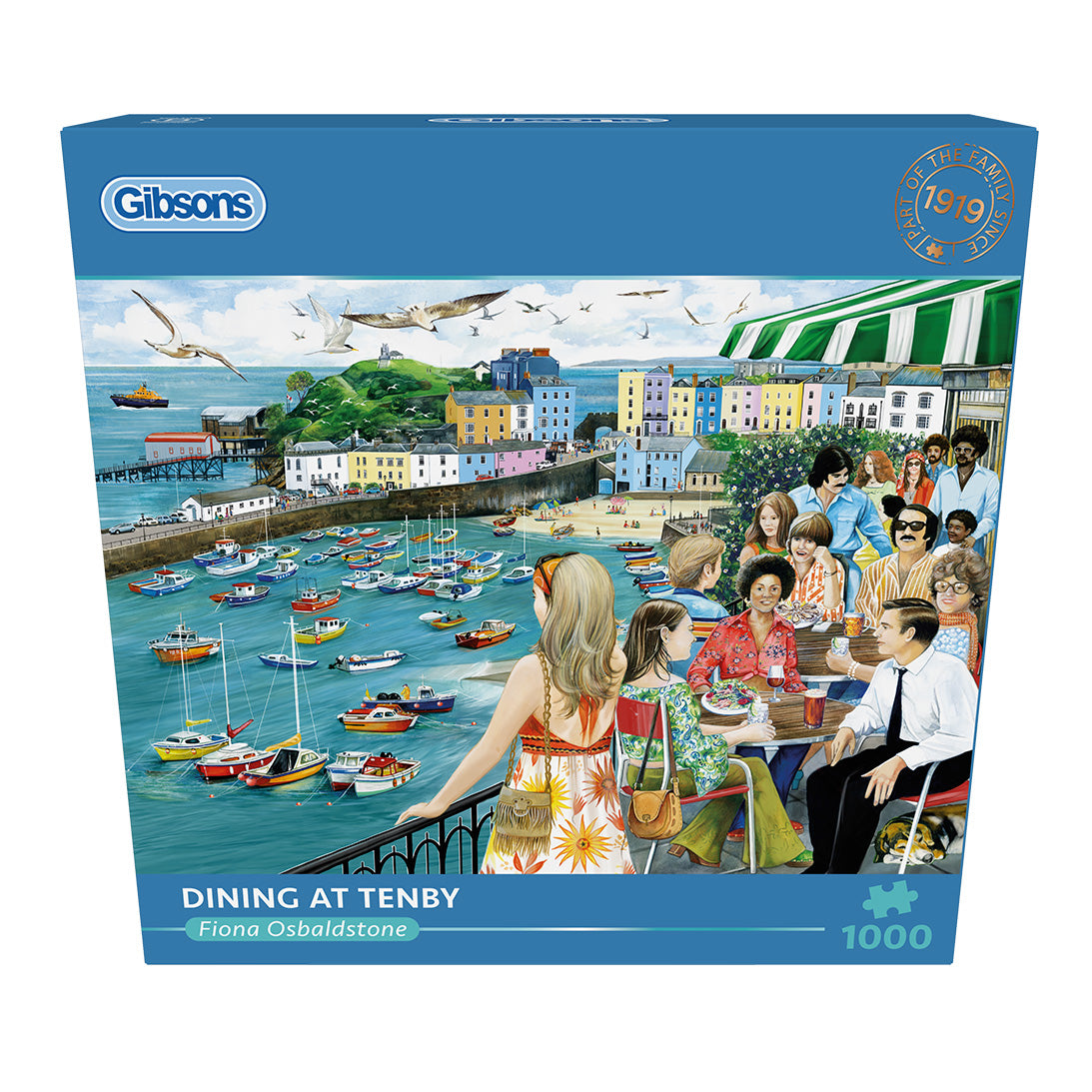 Dining at Tenby 1000 Piece Jigsaw Puzzle by Gibsons in blue retail box front view