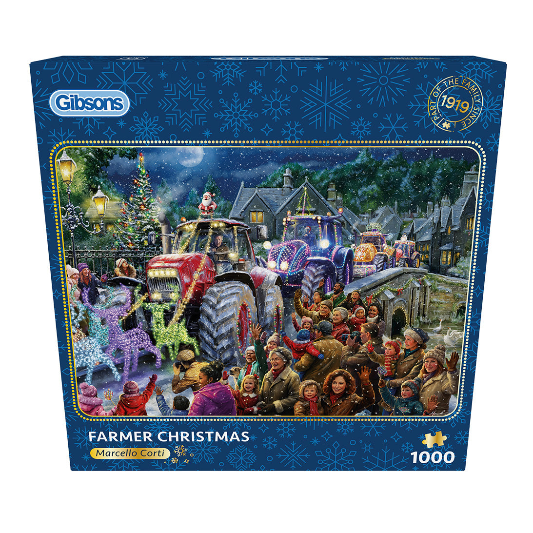 Gibsons Farmer Christmas 1000 Piece Jigsaw Puzzle for Adults in blue retail box front view