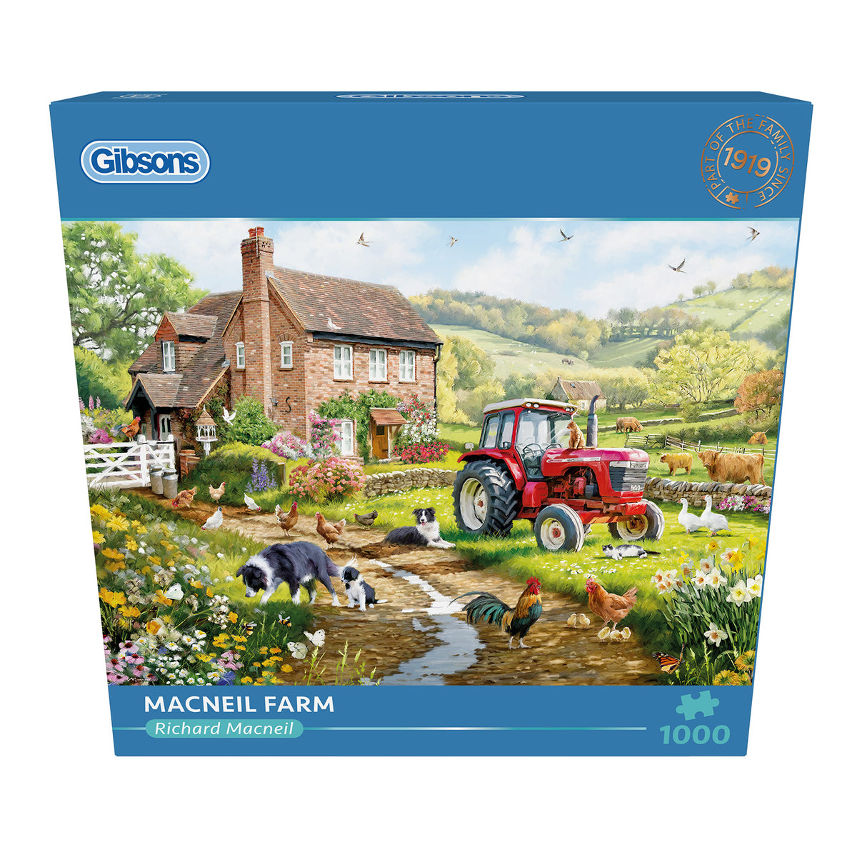 Gibsons Macneil Farm 1000 Piece Jigsaw Puzzle in blue retail box front view