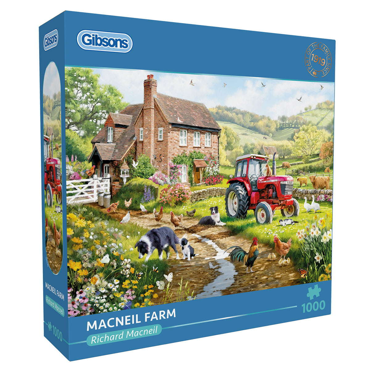 Gibsons Macneil Farm 1000 Piece Jigsaw Puzzle in blue retail box side view