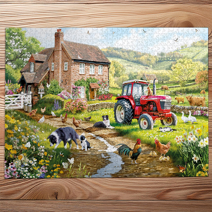 Gibsons Macneil Farm 1000 Piece Jigsaw Puzzle made up on wooden table