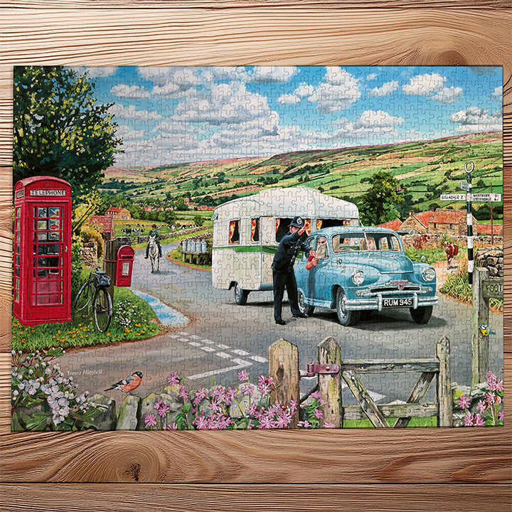 Gibsons Which Way to the Campsite 1000 Piece Jigsaw Puzzle made up on wooden table