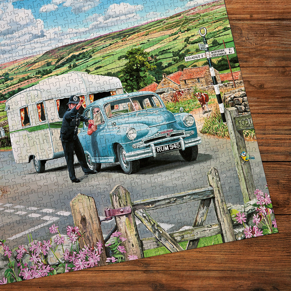 Gibsons Which Way to the Campsite 1000 Piece Jigsaw Puzzle made up detail on wooden table