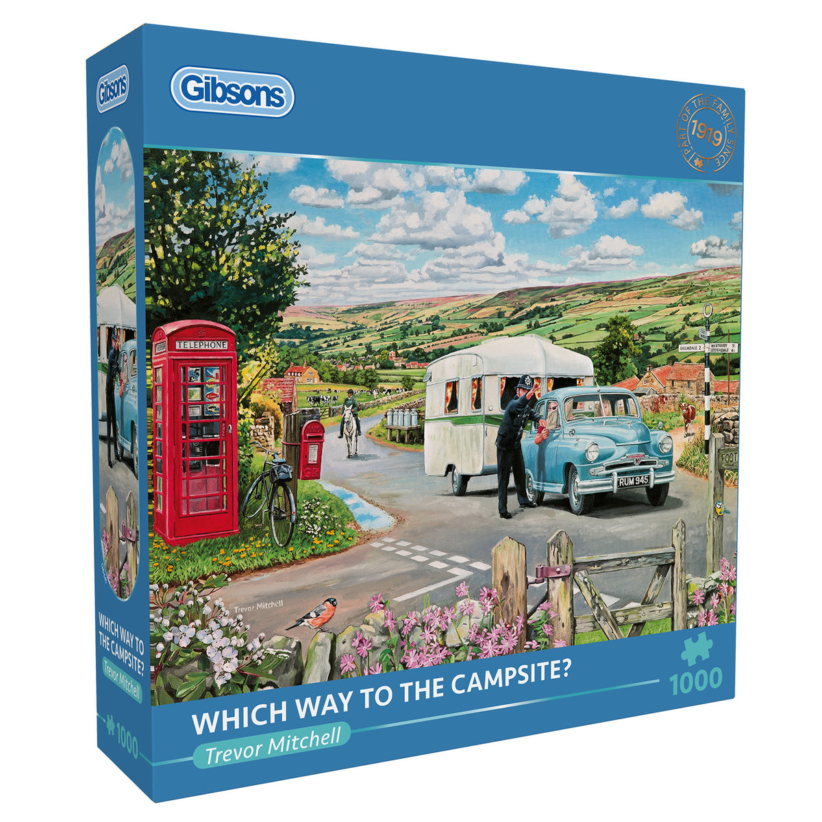 Gibsons Which Way to the Campsite 1000 Piece Jigsaw Puzzle in blue retail box side view