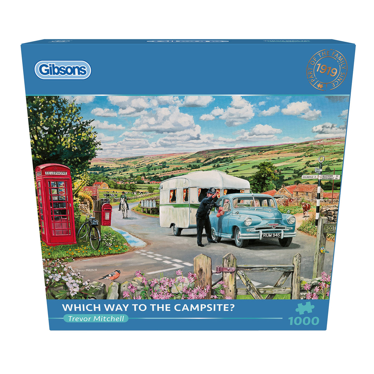 Gibsons Which Way to the Campsite 1000 Piece Jigsaw Puzzle in blue retail box front view