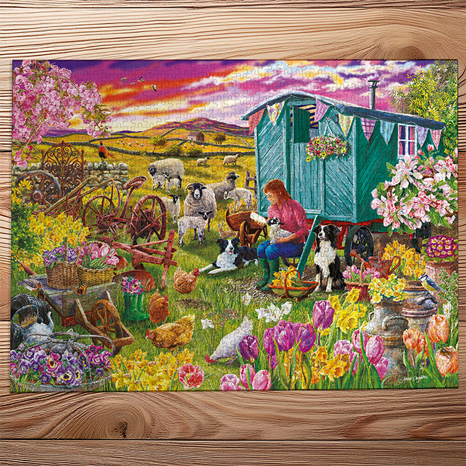 Gibsons Shepherd's Delight 1000 Piece Jigsaw Puzzle made up on wooden table