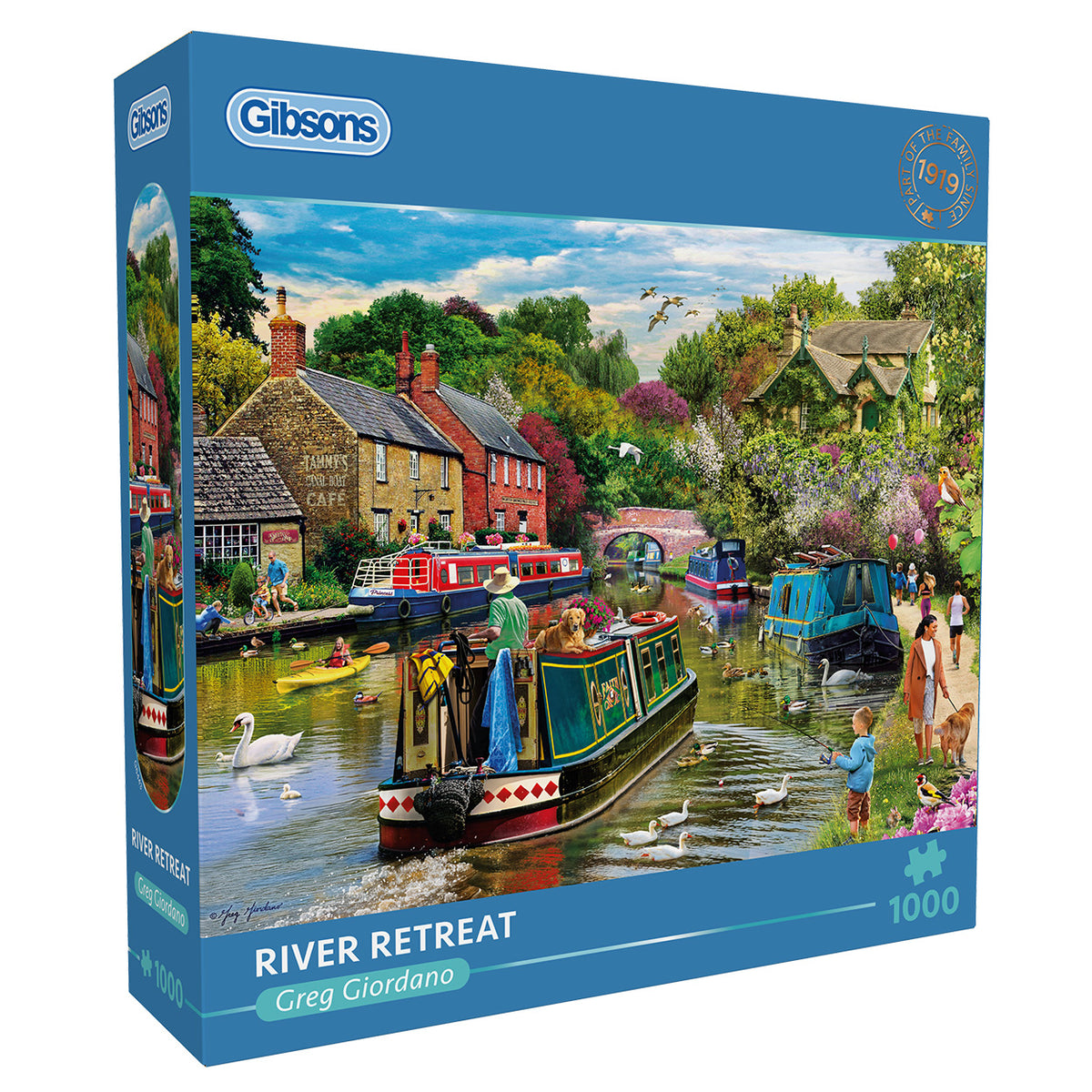 Gibsons River Retreat 1000 Piece Jigsaw Puzzle in blue retail box side view