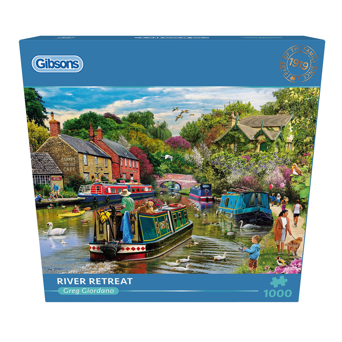 Gibsons River Retreat 1000 Piece Jigsaw Puzzle made up on wooden table in blue retail box front view