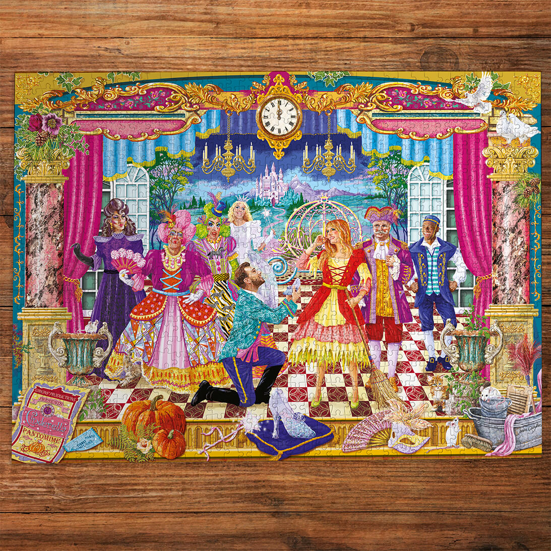 Gibsons The Glass Slipper 1000 piece jigsaw puzzle for adults made up on wooden table