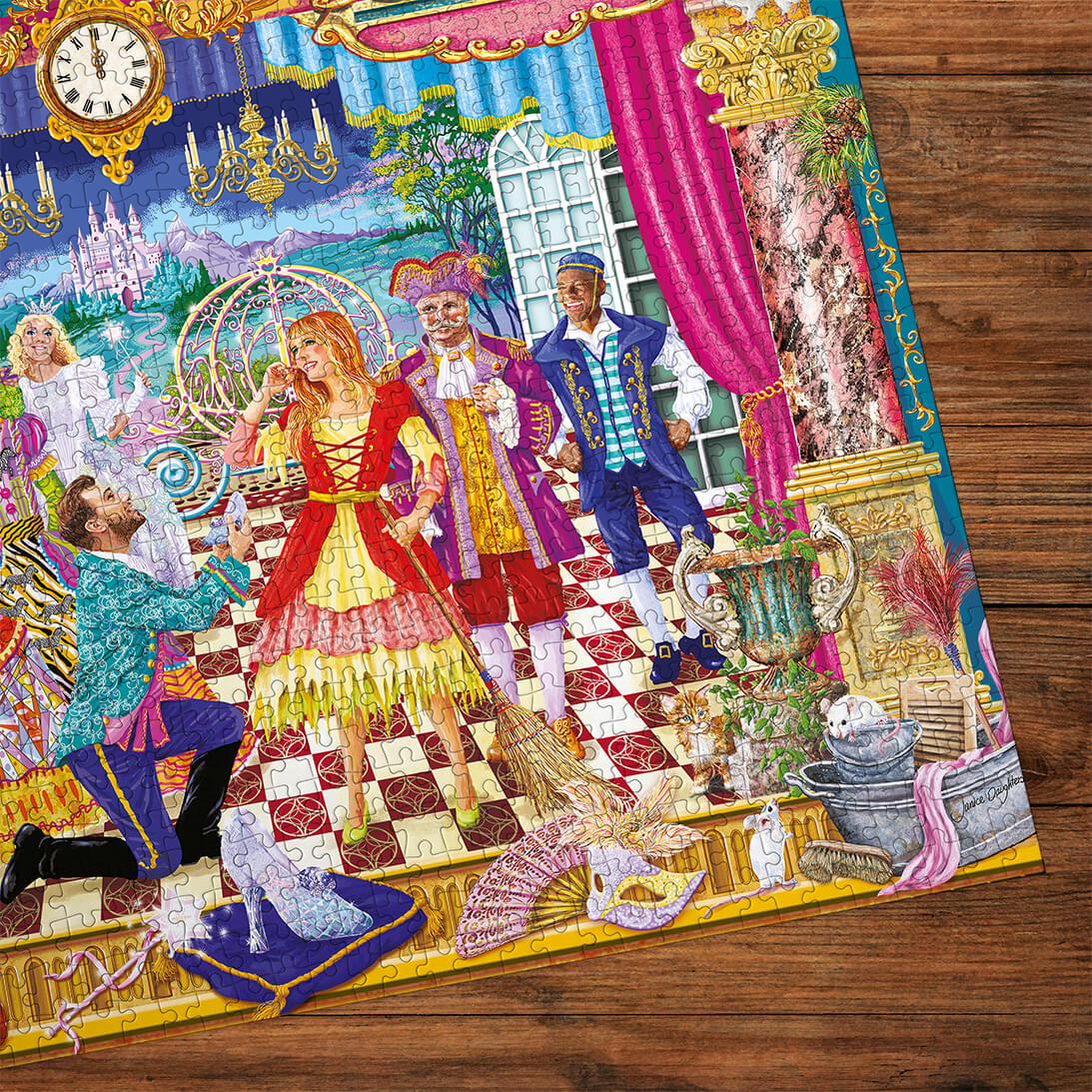 Gibsons The Glass Slipper 1000 piece jigsaw puzzle for adults made up detail on wooden table