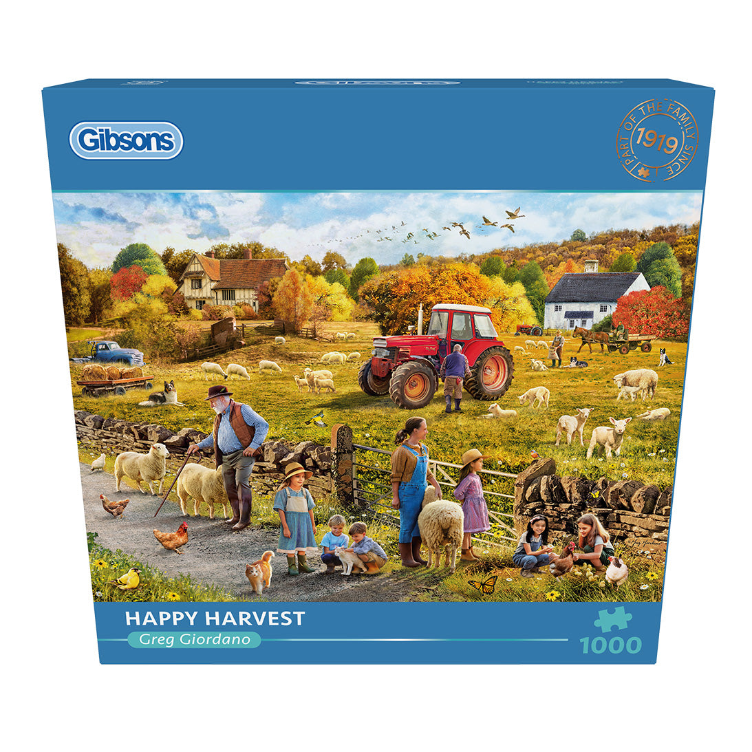 Gibsons Happy Harvest 1000 piece jigsaw puzzles for Adults in blue retail box front view