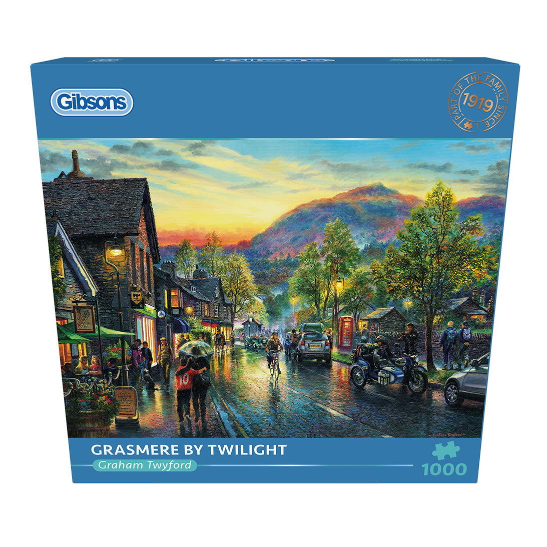 Gibsons Grasmere by Twilight 1000 Piece Jigsaw Puzzle for Adults in blue retail box front view