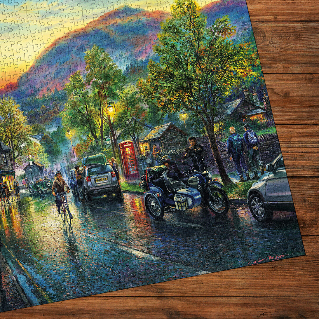 Gibsons Grasmere by Twilight 1000 Piece Jigsaw Puzzle for Adults made up detail on wooden table