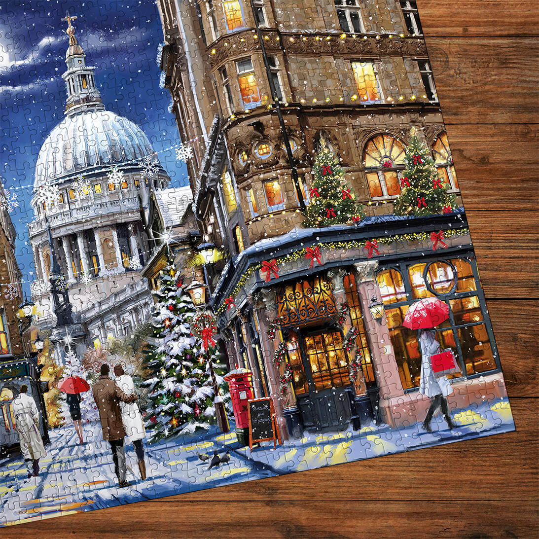 Gibsons St Paul's at Christmas 1000 piece jigsaw puzzle for adults made up corner on wooden table