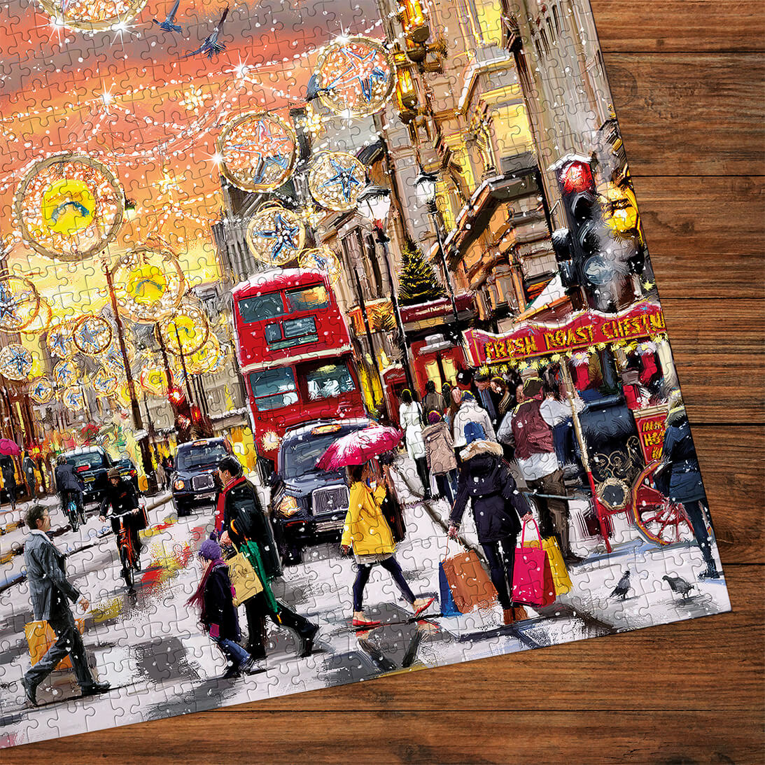 Gibsons Holiday Hustle 1000 Piece Jigsaw Puzzle for Adults made up detail on wooden table