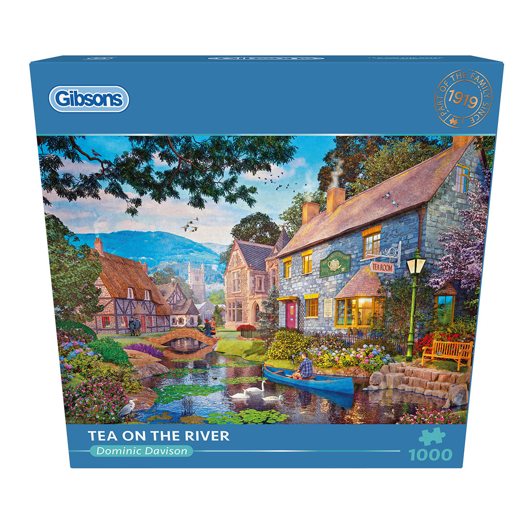 Gibsons Tea on the river 1000 piece jigsaw puzzle for Adults in blue retail box front view