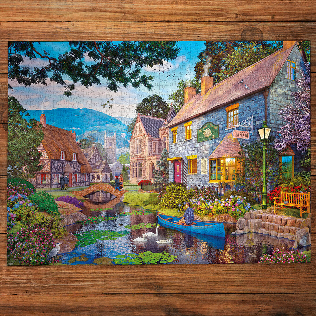 Gibsons Tea on the river 1000 piece jigsaw puzzle for Adults made up on wooden table