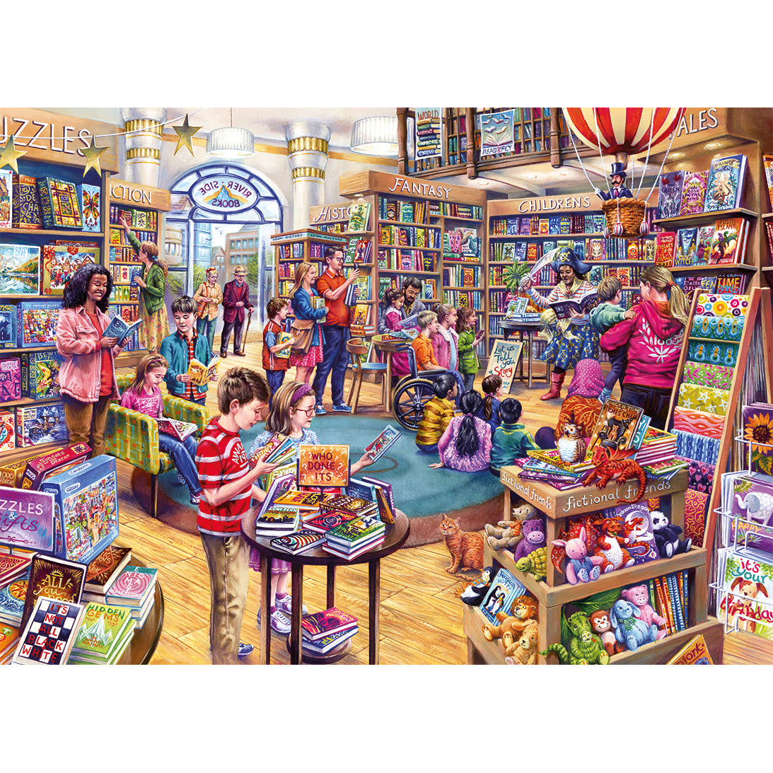 Illustration of a toy store with children and adults browsing books and toys.