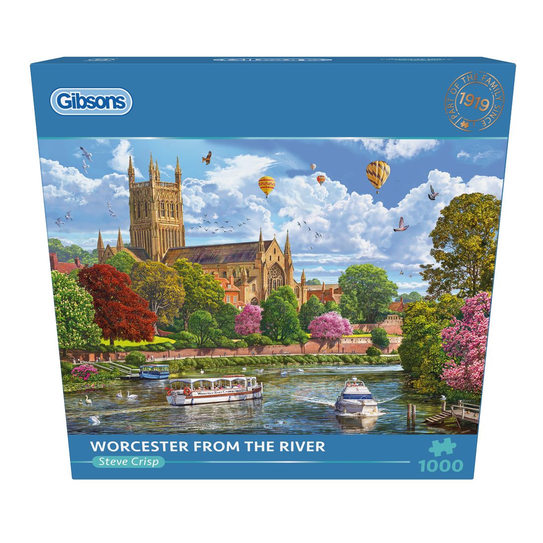 Gibsons puzzle box featuring a scenic view of Worcester from the river with hot air balloons and boats.