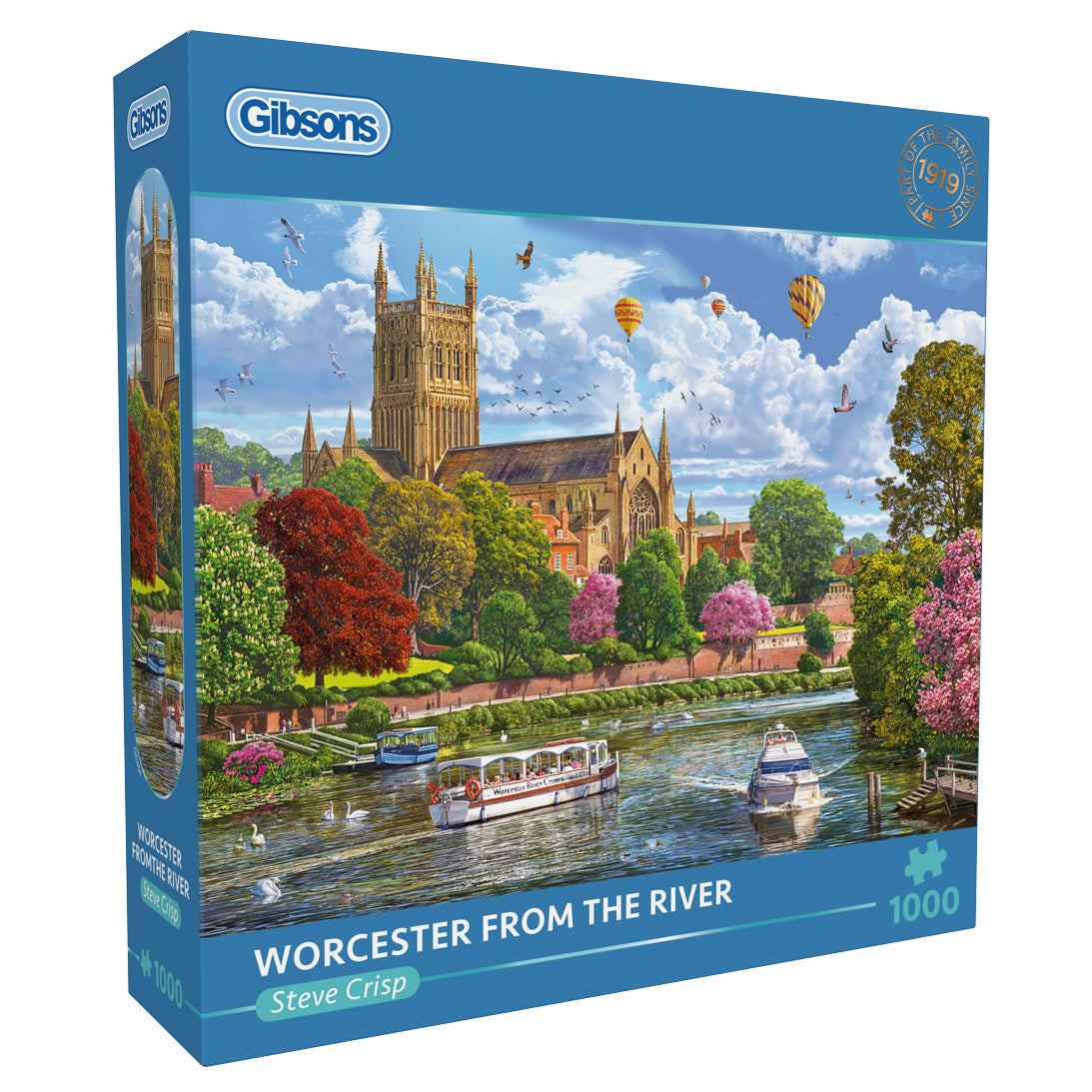 Gibsons puzzle box titled 'Worcester from the River' by Steve Crisp, featuring a cathedral and river scene.