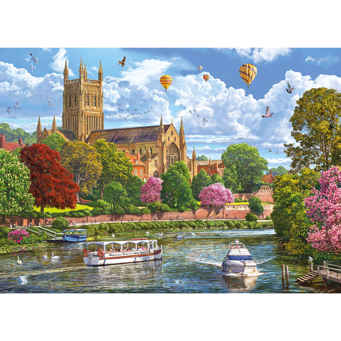 Scenic view of a cathedral by a river with boats and colorful balloons in the sky.