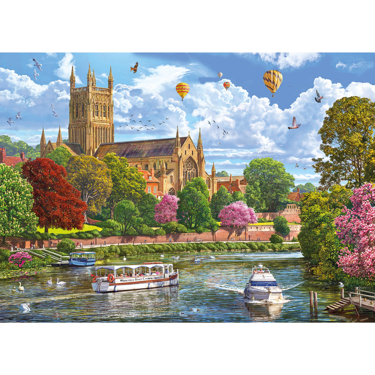 Scenic view of a cathedral by a river with boats and colorful balloons in the sky.