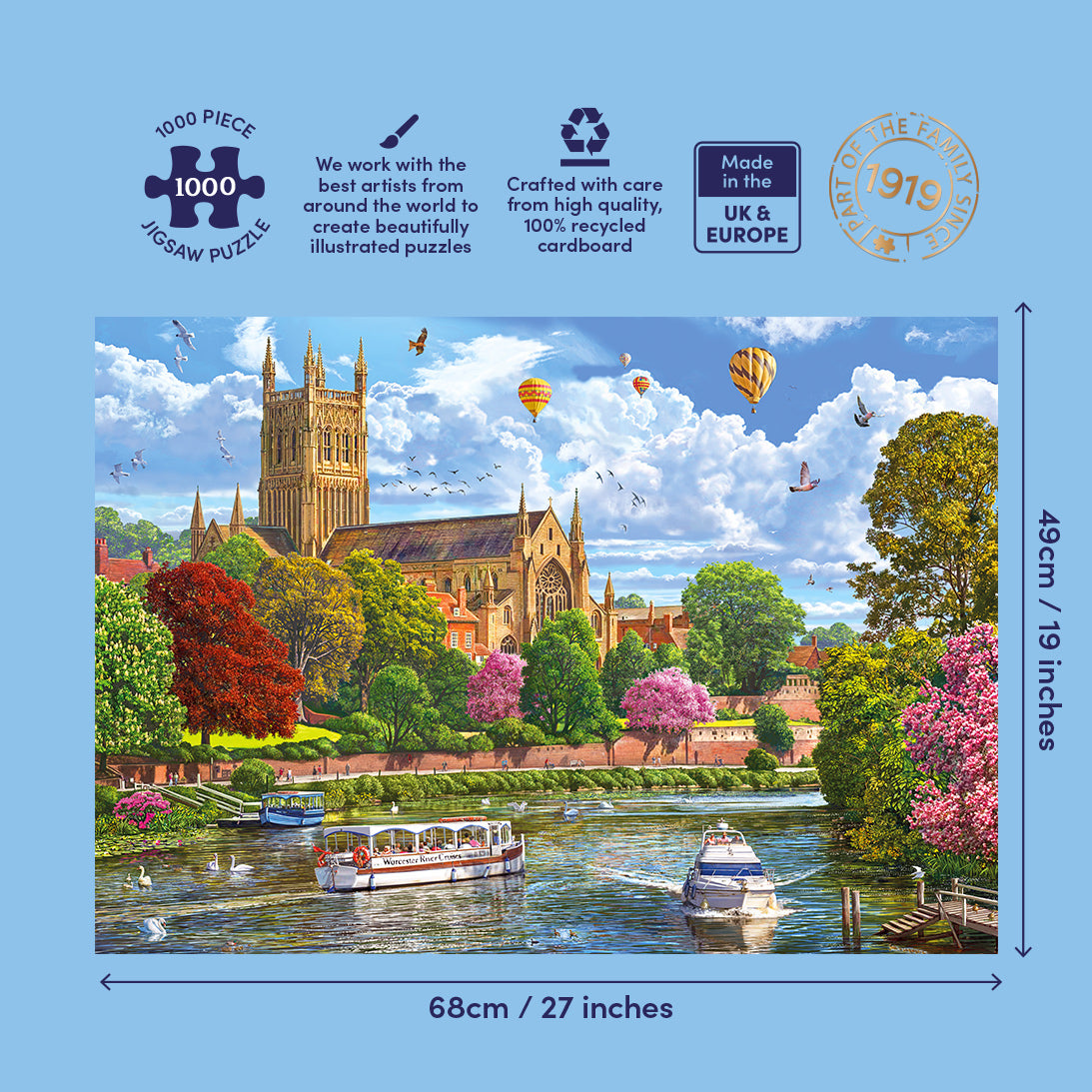 Jigsaw puzzle packaging with cathedral and river scene illustration, featuring dimensions and brand logos.